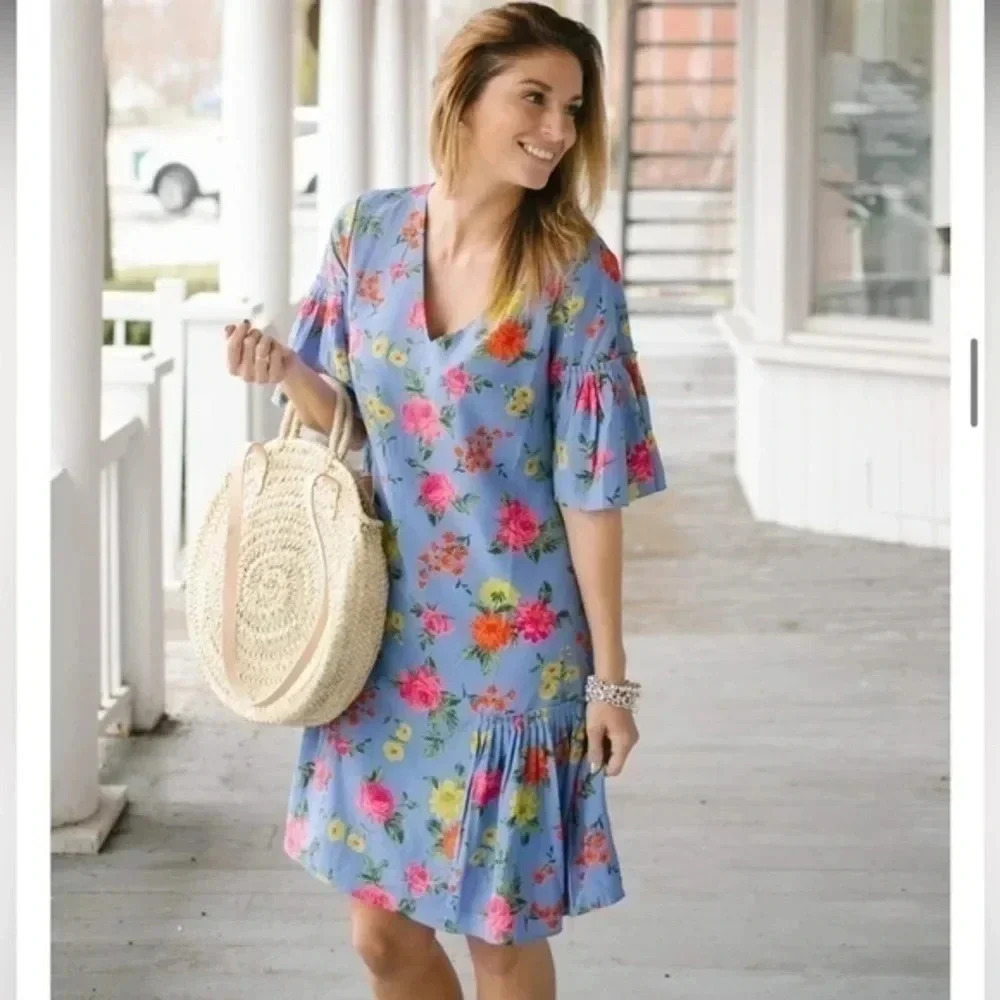 Ann Taylor | Periwinkle Blue Garden Floral V-Neck Ruffle Shift Dress Size 00